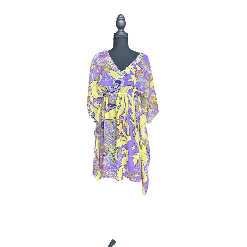 Folia Swim Beaded Chiffon Tunic Cover-Up Sheer Boho Beach Caftan